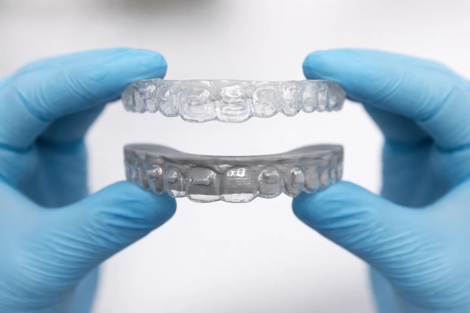 Dentist holding Invisalign clear aligners for teeth straightening treatment in Hyderabad
